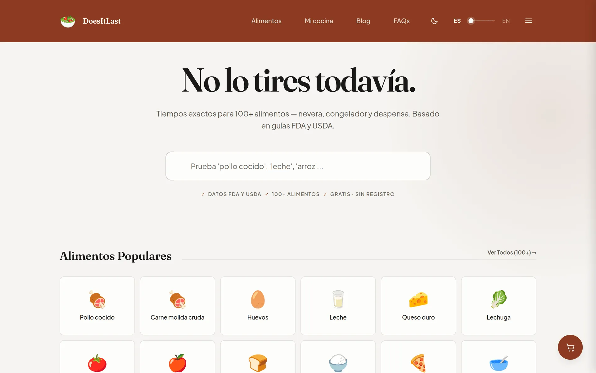Portada de DoesItLast: el titular «No lo tires todavía», el buscador de alimentos y la rejilla de los más consultados.