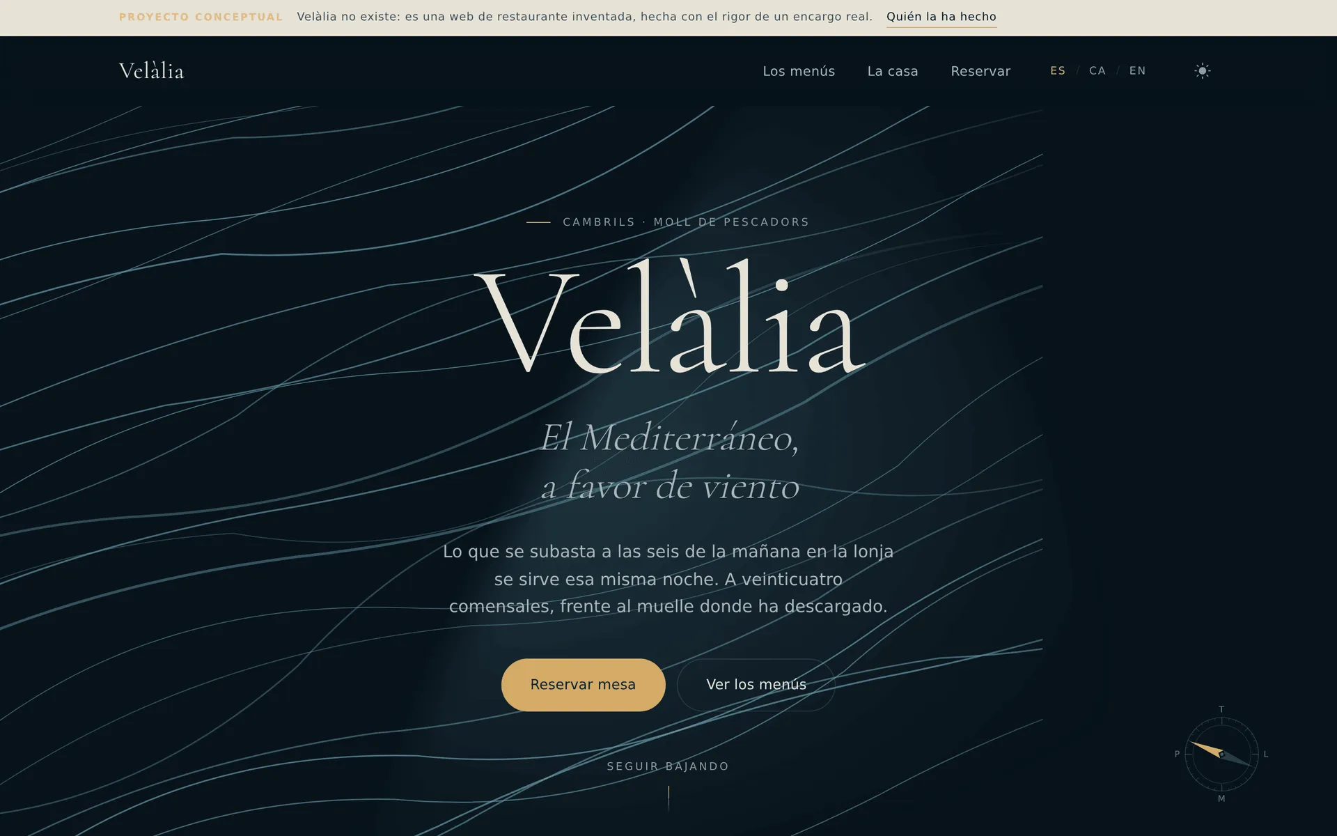 Portada de Velàlia en modo oscuro: el nombre en tipografía romana sobre un campo de viento dibujado en azul noche, con los botones de reservar mesa y ver los menús, y una rosa de los vientos en la esquina.